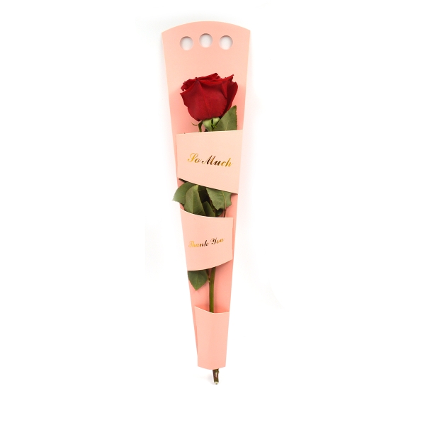 Suport din carton pentru un fir de floare naturala cu mesaj si maner roz